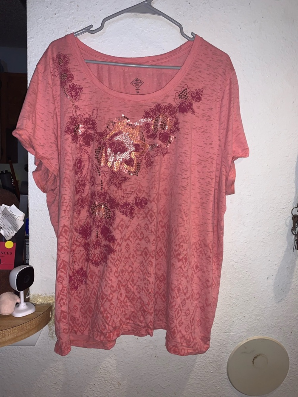 St. John's Bay Coral Pink Floral Sequin Short Sleeve Top